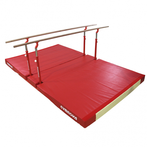 COMPACT PARALLEL BARS WITH FOLDING LEGS, TRANSPORT TROLLEYS AND CUSTOM FOLDING MAT