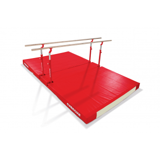 COMPACT PARALLEL BARS WITH FOLDING LEGS, TRANSPORT TROLLEYS AND CUSTOM FOLDING MAT